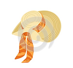 Elegant straw hat for woman with wide brim and ribbon scarf isolated icon on white background