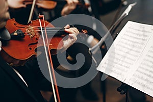 Elegant string quartet performing at wedding reception in restaurant, handsome man in suits playing violin and cello at theatre