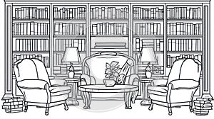 Cozy Library Sitting Area Armchairs, Bookshelves, Coffee Table, and Lamps Line Art