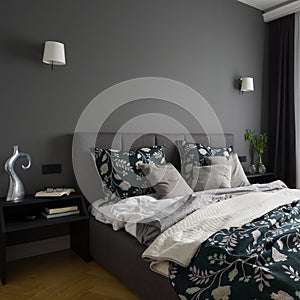 Elegant and stylish bedroom in gray