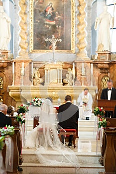 Elegant stylish cute groom and bride on the background old goth