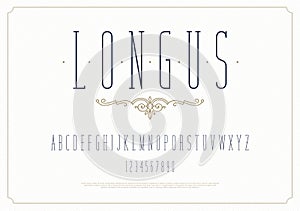 Elegant stylish font. Modern condensed serif typeface. English alphabet. Set of letters - uppercase and numbers.