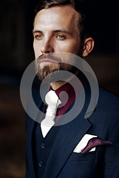 Elegant stylish handsome groom portrait. bearded man standing at