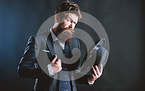 Elegant and stylish hipster. Retro fashion hat. Man with hat. Vintage fashion. Man well groomed bearded gentleman on