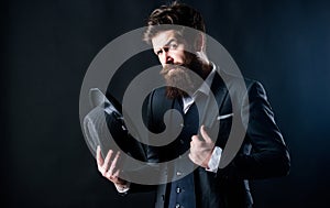 Elegant and stylish hipster. Retro fashion hat. Man with hat. Vintage fashion. Man well groomed bearded gentleman on