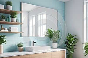elegant and stylish interior of modern bathroom in natural blue colours