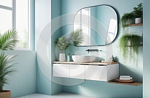 elegant and stylish interior of modern bathroom in natural blue colours