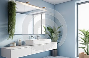 elegant and stylish interior of modern bathroom in natural blue and white colours