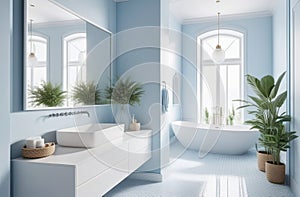 elegant and stylish interior of modern bathroom in natural blue and white colours