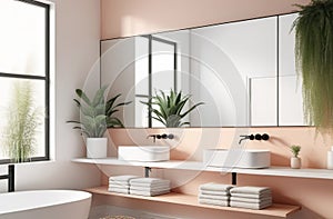 elegant and stylish interior of modern bathroom in natural peach colours