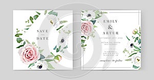 Elegant, stylish vector floral wedding invite card set. Garden blush pink rose flowers, white anemone, white lisanthus, green