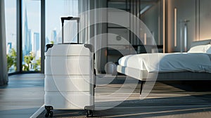 Elegant suitcase ready for travel in a modern hotel room. Pristine luggage awaiting adventure. Stylish travel concept