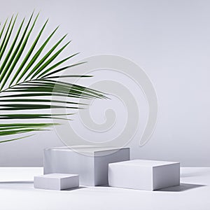 Elegant summer abstract white podiums in sunlight with shadow, green palm leaf on white background for product display, square.