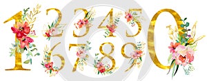 Elegant summer decorated floral numbers. Golden digits 1,2, 3, 4, 5, 6, 7, 8, 9, 0 with a watercolor bouquet. Element