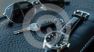 Elegant sunglasses, a modern car key, and a stylish wristwatch laid out on a textured leather surface, depicting wealth