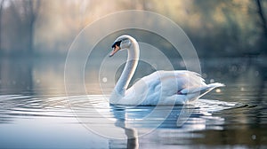 Elegant swan on calm lake, smooth glide, symmetrical reflection, meditative ambience