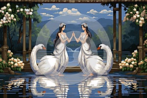 Elegant swan maidens enchanting with their graceful dance - Generative AI