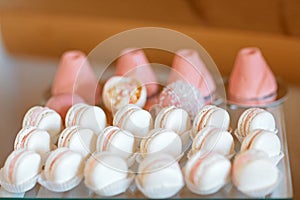 Elegant sweet table with big cake, cupcakes, cake pops on dinner or event party. Tray with delicious cakes and macaroon. Catering