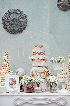 Elegant sweet table with big cake on wedding party