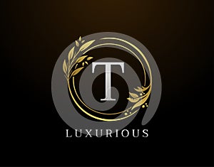 Elegant T Letter Floral Design. Circle Luxury T Gold Logo Icon