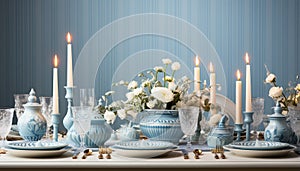 Elegant table decor candlelight, flower arrangement, and antique vase generated by AI