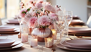 Elegant table decor flower arrangement, candle, vase, silverware, wineglass generated by AI