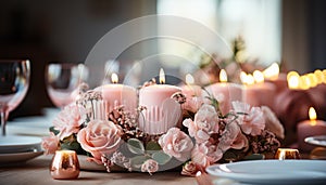 Elegant table decoration  candlelight, romance, luxury, flower arrangement, glowing flame generated by AI