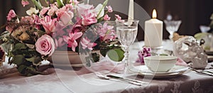 Elegant table set with flowers, candles, and tea for wedding reception