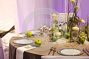 Elegant table set in green and white for wedding or event party.