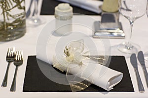 Elegant table set in soft creme for wedding or event party.