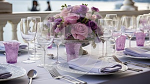 Elegant table setting with beautiful flowers at a luxury wedding reception venue