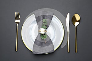 Elegant table setting on background, flat lay