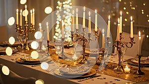 Elegant table setting with candelabras and bokeh lights