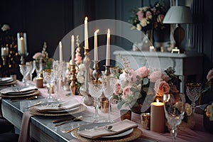 Elegant table setting with candles, flowers, and cutlery, A beautifully decorated dining table with wedding decor and centerpieces