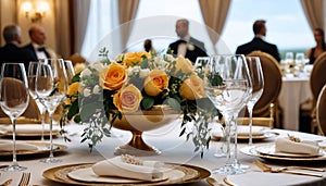 Elegant table setting with candles and flowers in restaurant, closeup