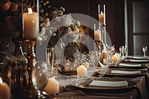 Elegant table setting with candles and flowers in vintage style. A beautifully decorated dining table with wedding decor and