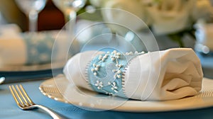 Elegant Table Setting with Embroidered Napkin and Fine Dinnerware for Upscale Wedding or Banquet Event