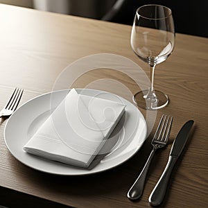 Elegant table setting featuring a plain white dinner plate with a folded white napkin on