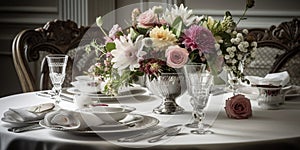 An elegant table setting with fine china, silverware, and a bouquet of flowers, concept of Table Etiquette, created with