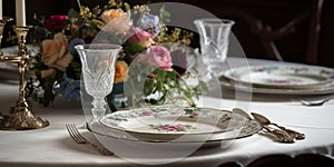 An elegant table setting with fine china, silverware, and a bouquet of flowers, concept of Table Etiquette, created with