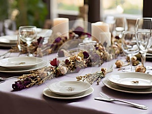 Elegant table setting with flowers, plates and cutlery