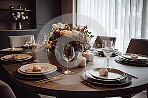 Elegant table setting with plates, glasses and cutlery, A luxurious dining table set adorned with gleaming cutlery and elegant