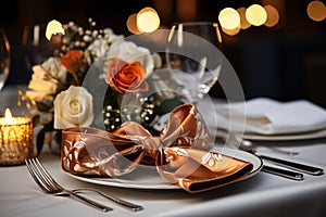 Elegant table setting in restaurant. Selective focus. Table set for an event party or wedding reception.
