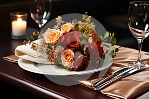 Elegant table setting in restaurant. Selective focus. Table set for an event party or wedding reception. Generative AI technology