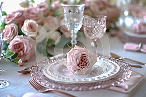 Elegant Table Setting for Romantic Dinner with Pink Roses, Crystal Glassware, and Fine China