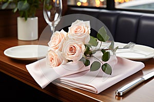 Elegant table setting in white beige tones ready for the arrival of guests. Table set for an event party or wedding reception.