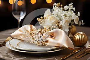 Elegant table setting in white beige tones ready for the arrival of guests. Table set for an event party or wedding reception.