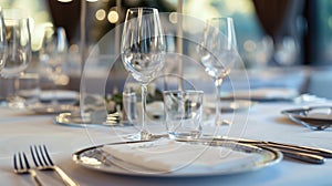 Elegant table setting with wine glasses. Bokeh lighting in upscale restaurant