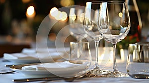 Elegant table setting with wine glasses. Bokeh lighting in upscale restaurant