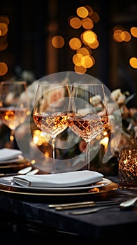 Elegant table settings for fine dining, crystal glassware, and a beautifully blurred background